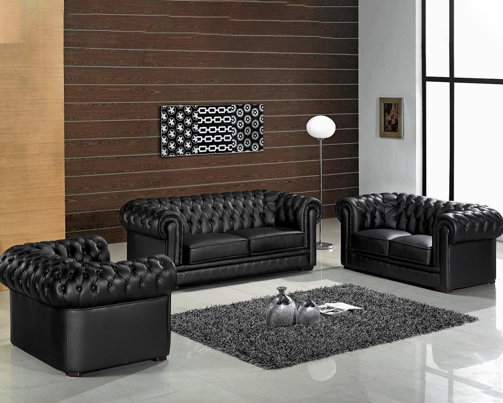 Chesterfield Black Leather Sofa Set